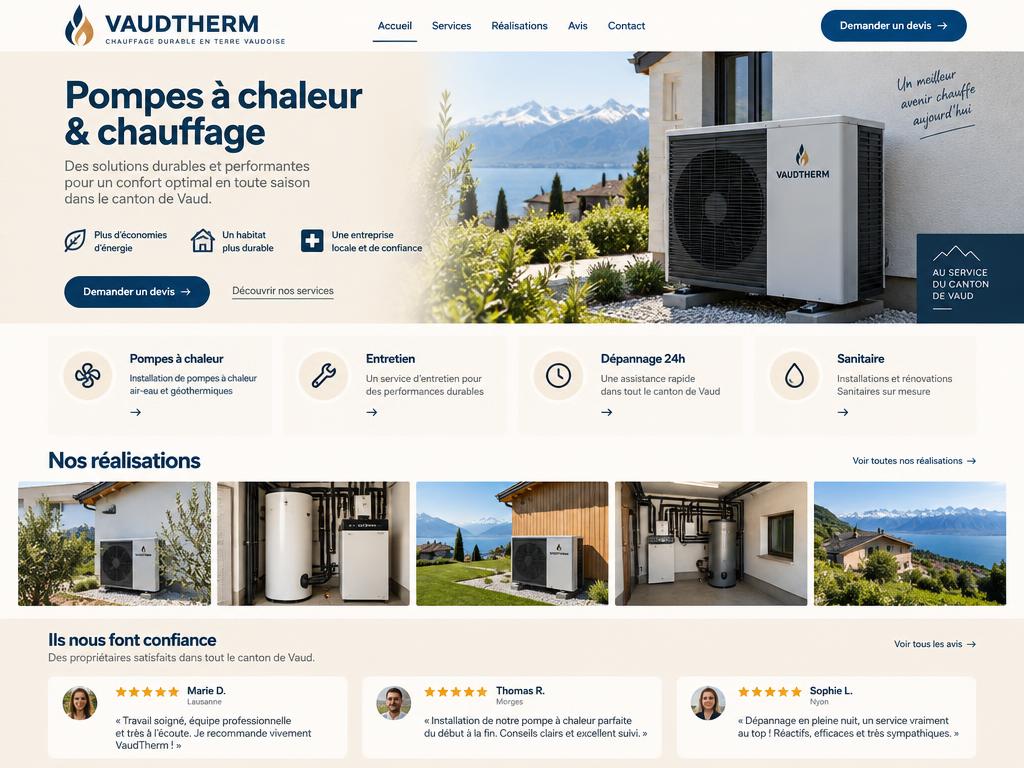 Exemple de site VaudTherm pour Chauffagiste · Canton de Vaud